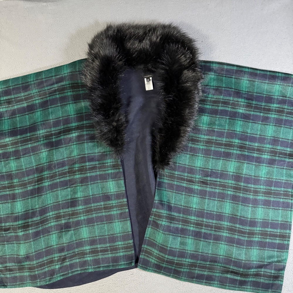 Talbots Plaid Cape‎ Shawl Poncho with Faux Fur Collar Green Blue One Size